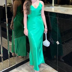 Neon Green V Neck Open Back Satin Maxi Dress